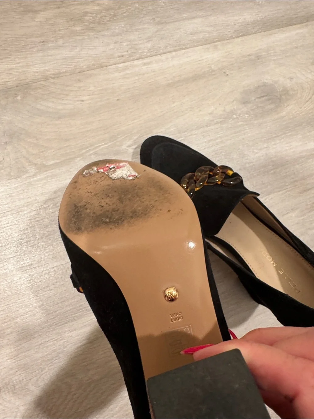 Pelle Moda Black Suede Block Heel Loafers with Tortoiseshell Chain